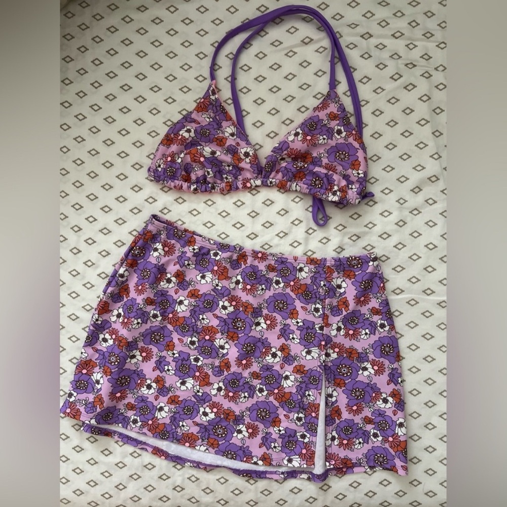 Wild Fable Purple Girly Retro Inspo Floral Coquette Bikini Top & Skirt
